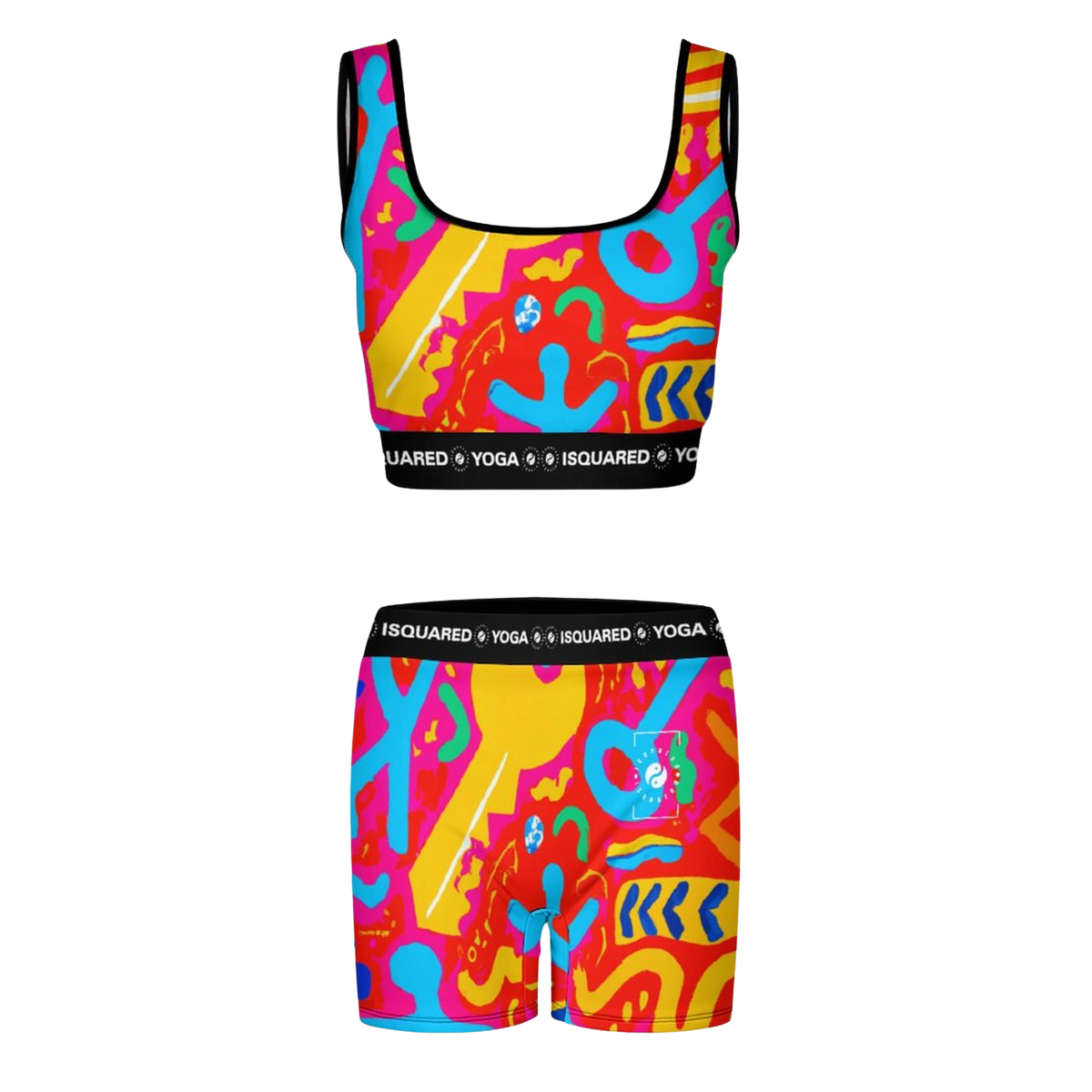 Colorful iSquared Yoga Set featuring a crop top and matching shorts with abstract patterns in bright pink, yellow, and blue.