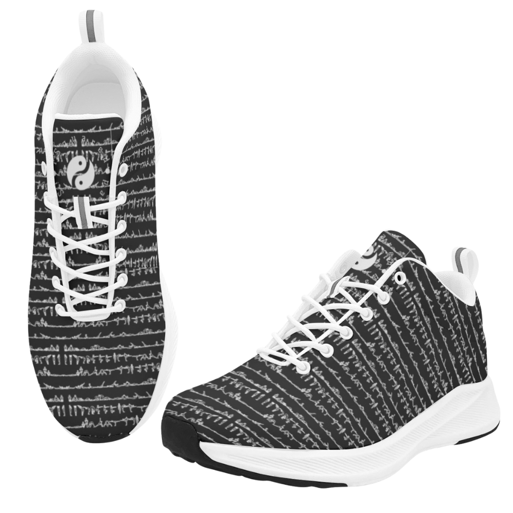 Black and white printed iSquared Women Runners featuring a subtle script design, with a breathable faux suede upper and rubber sole.