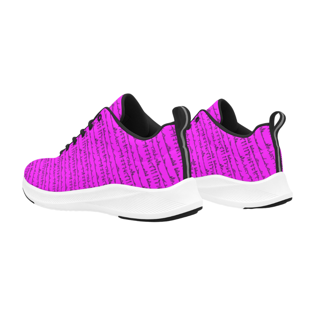 Vibrant pink sneakers with a unique script pattern, featuring a sleek black tongue and durable white outsole.