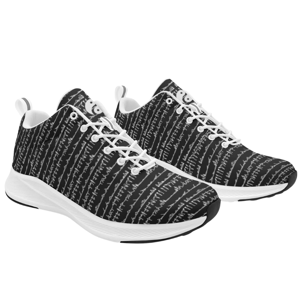 Black and white patterned iSquared Runners with a breathable faux suede upper, featuring white laces and a durable outsole.