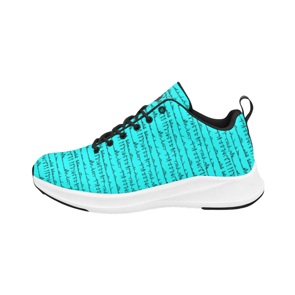 Turquoise iSquared Men Runners featuring a unique abstract pattern, black laces, and a white rubber outsole for traction.