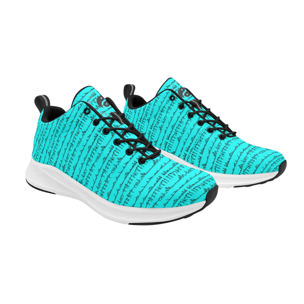 Bright turquoise sneakers featuring a textured pattern, black laces, and a white outsole. Suitable for casual wear.