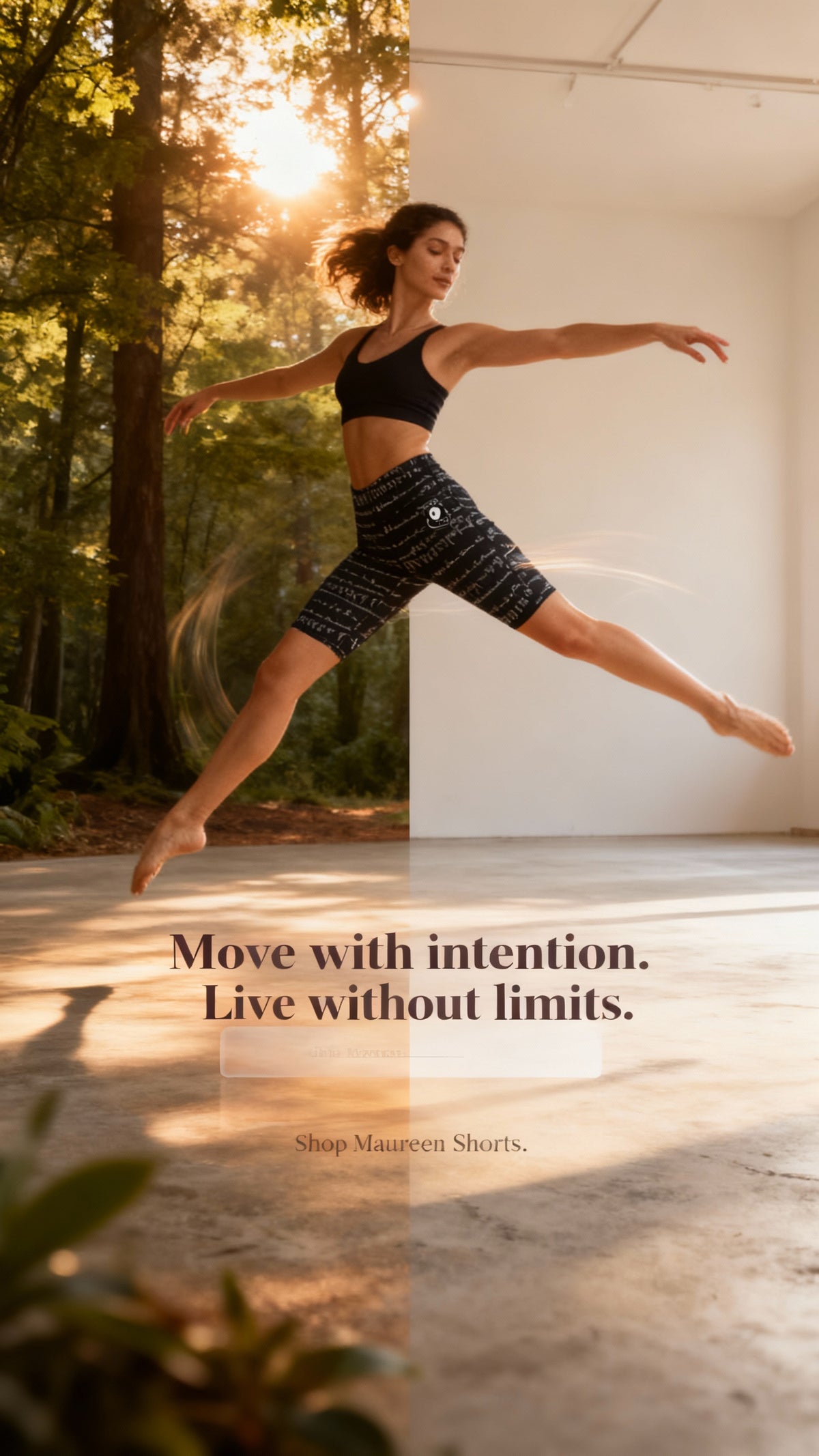 High-waisted black biker shorts with a stylish print, worn by a model in a dynamic jumping pose, showcasing flexibility.