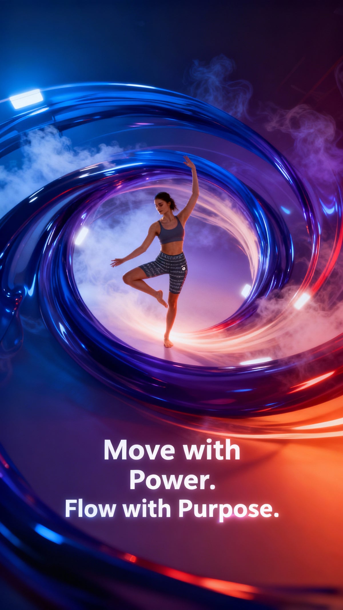 High-waisted biker shorts in dark geometric pattern, model poses with one leg lifted, against a vibrant swirling background.
