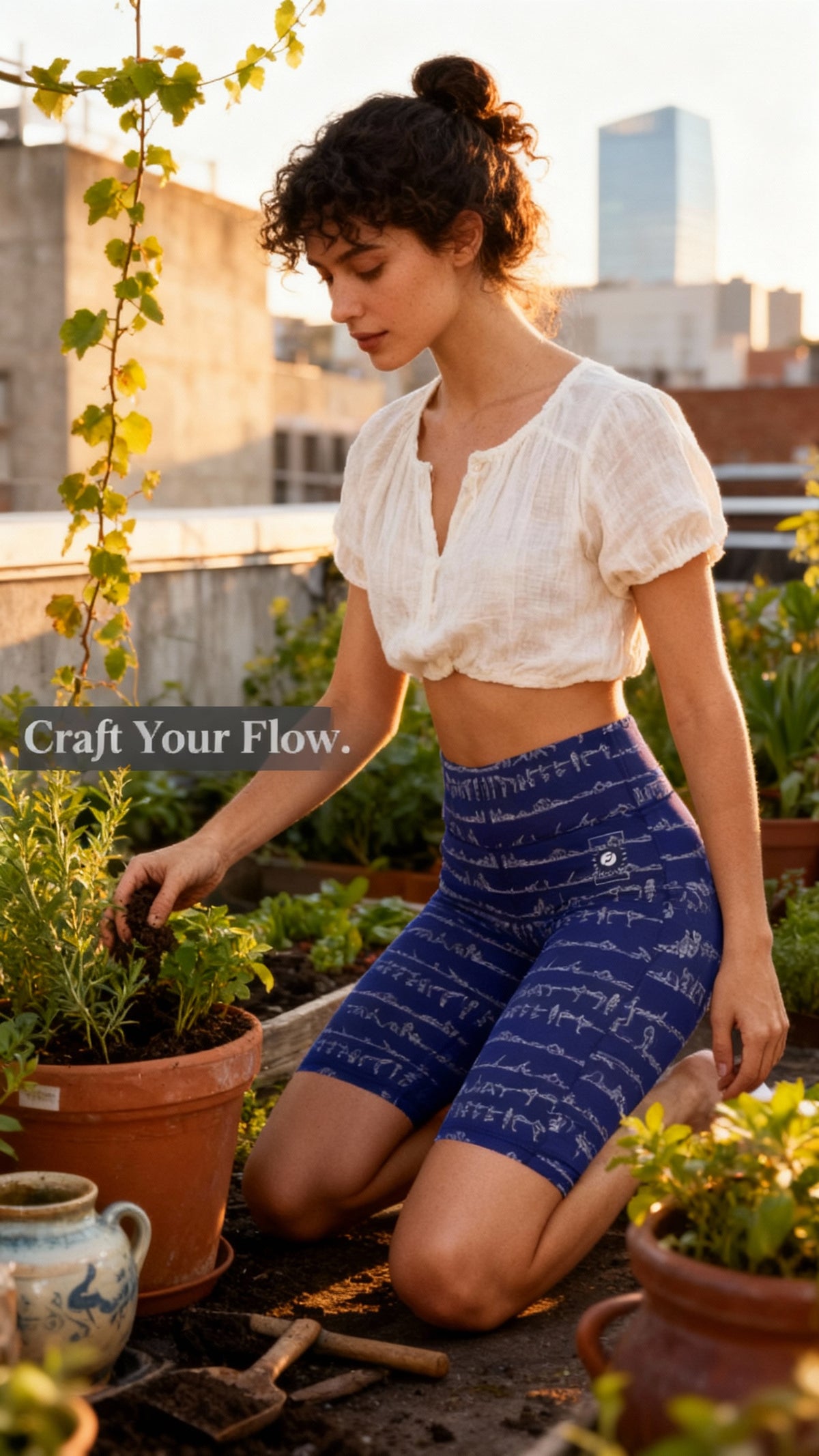 High-waisted biker shorts in blue with white gemstone-inspired pattern, paired with a cropped white top. Model kneeling in a garden.