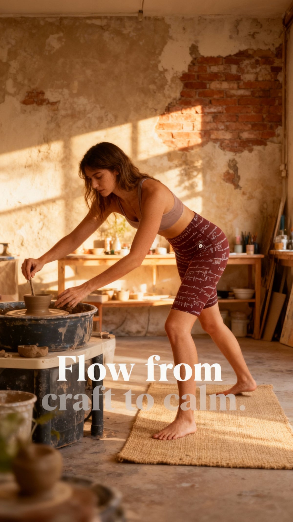 High-waisted maroon biker shorts with a graphic design, worn by a model while crafting pottery in a cozy studio.