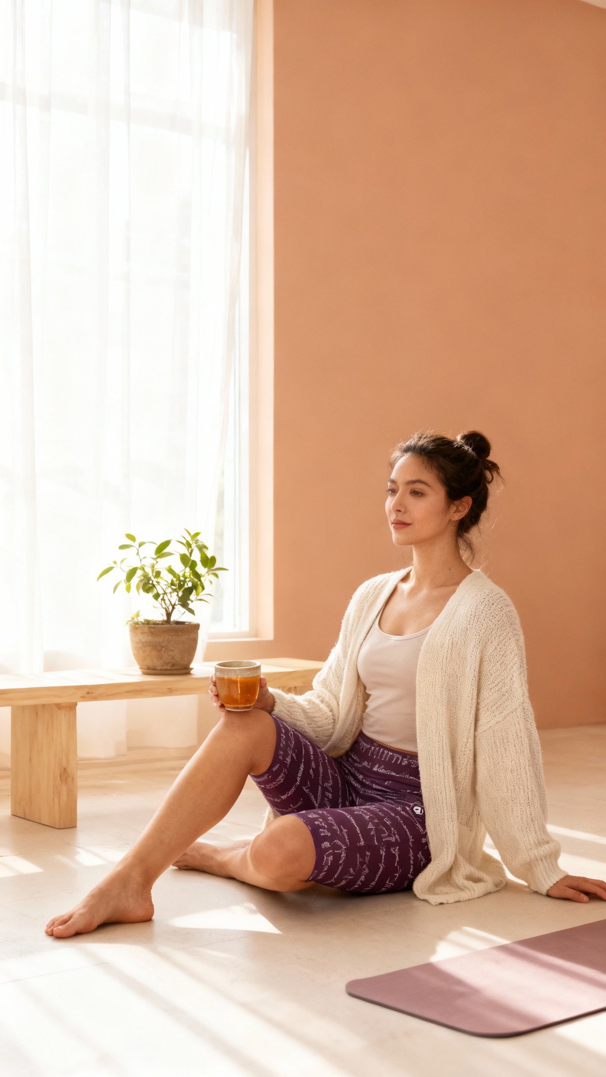 High-waisted purple biker shorts with a stylish white pattern, worn with a light cardigan and holding a drink.