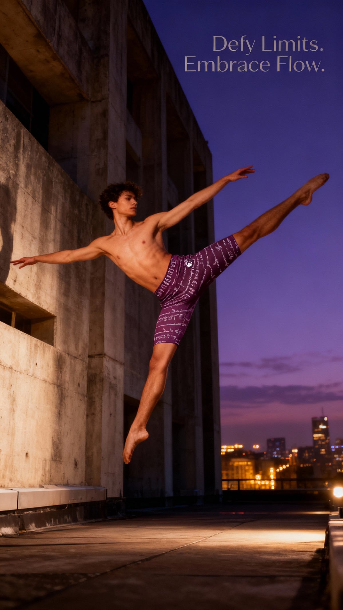 High-waisted purple biker shorts with a unique pattern, modeled by a man performing a dynamic pose against an urban background.