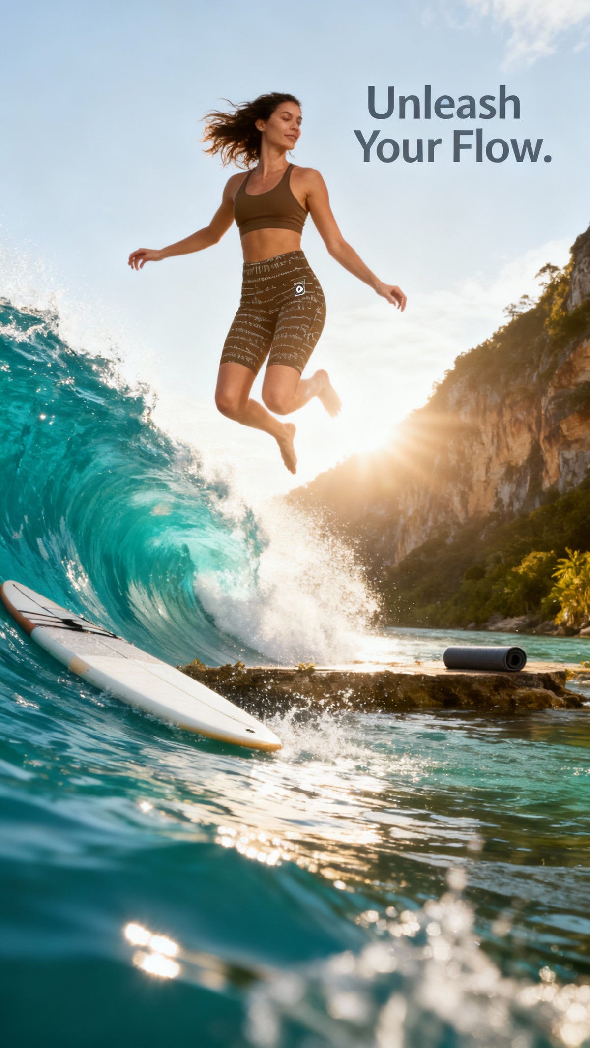 High-waisted brown biker shorts with a gemstone-inspired pattern, worn by a woman jumping near a wave.
