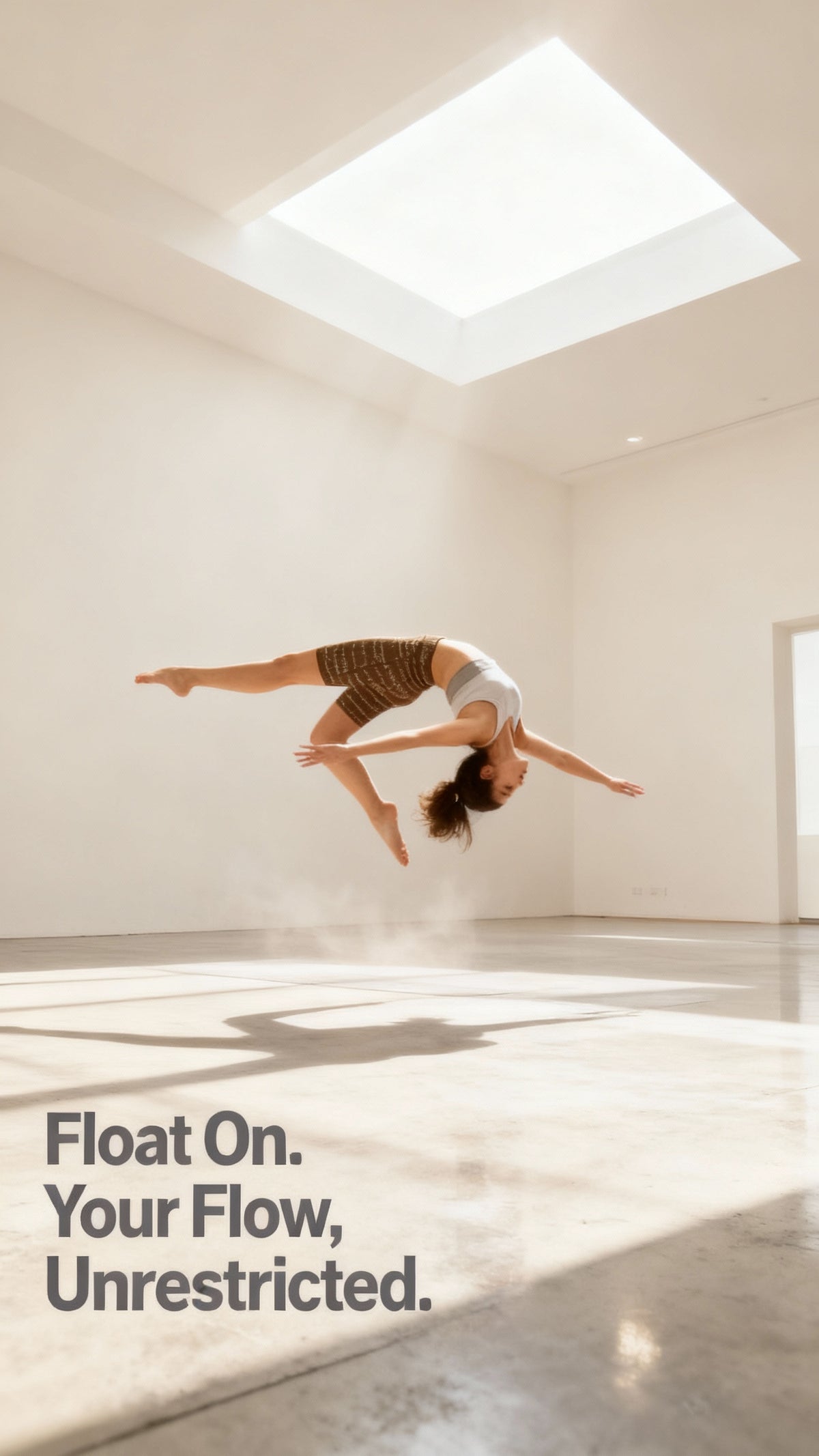 High-waisted, patterned biker shorts with a light brown and dark brown design, being worn while leaping in a yoga studio.