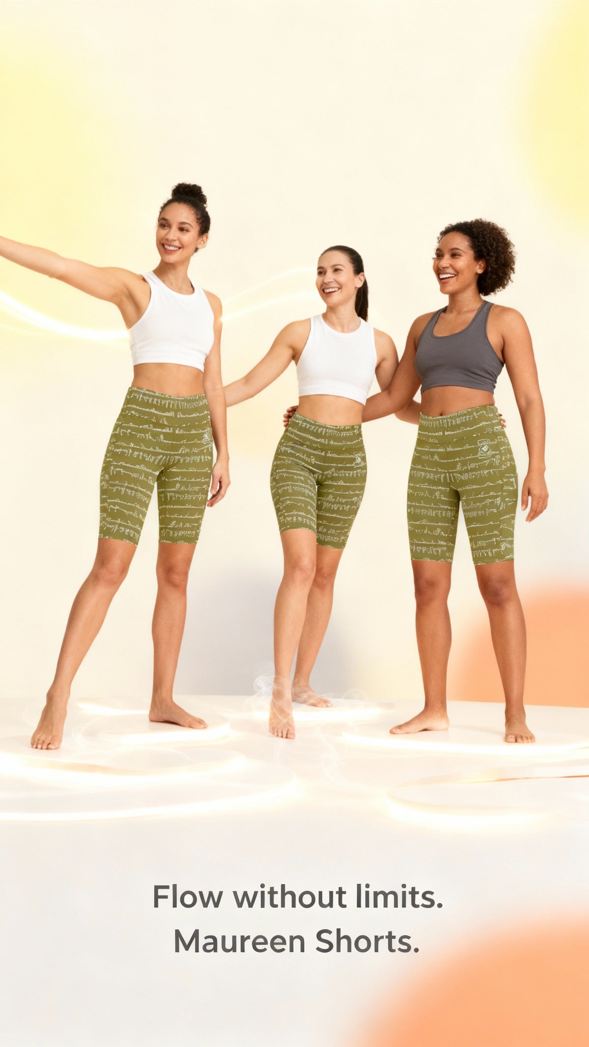 High-waisted biker shorts in olive green with a white abstract pattern, worn by three models in fitted tops, showcasing flexibility.