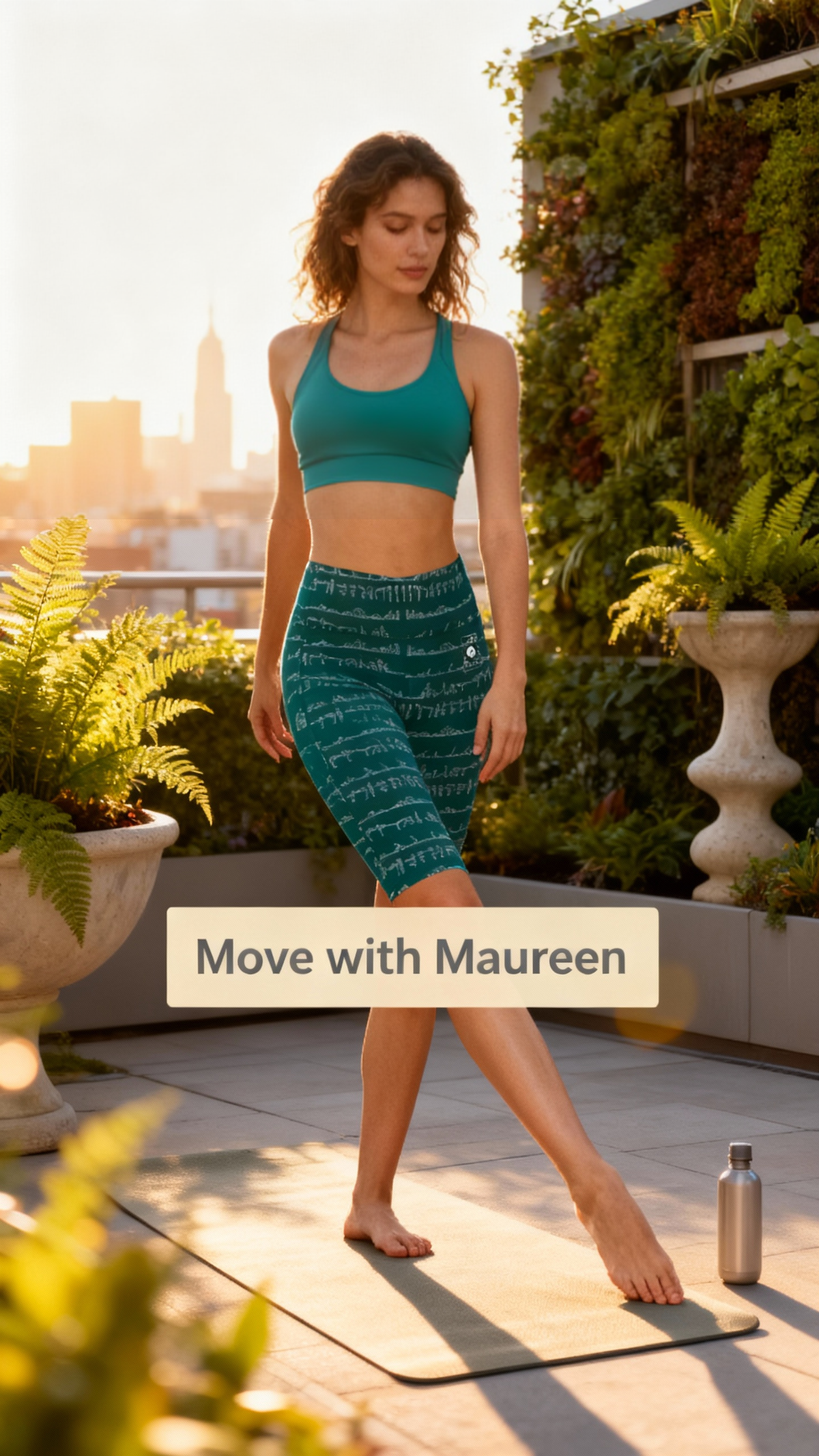 High-waisted teal biker shorts with a gemstone-inspired pattern, paired with a matching sports bra, model in a natural setting.