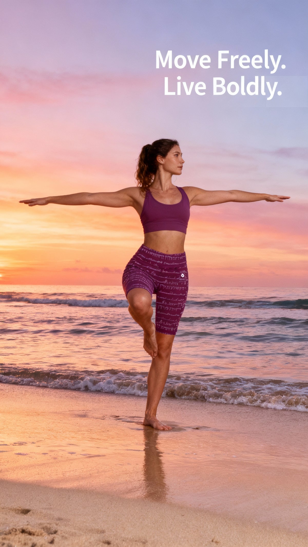 High-waisted purple biker shorts with a soft, patterned design, worn by a model performing a yoga pose on the beach.