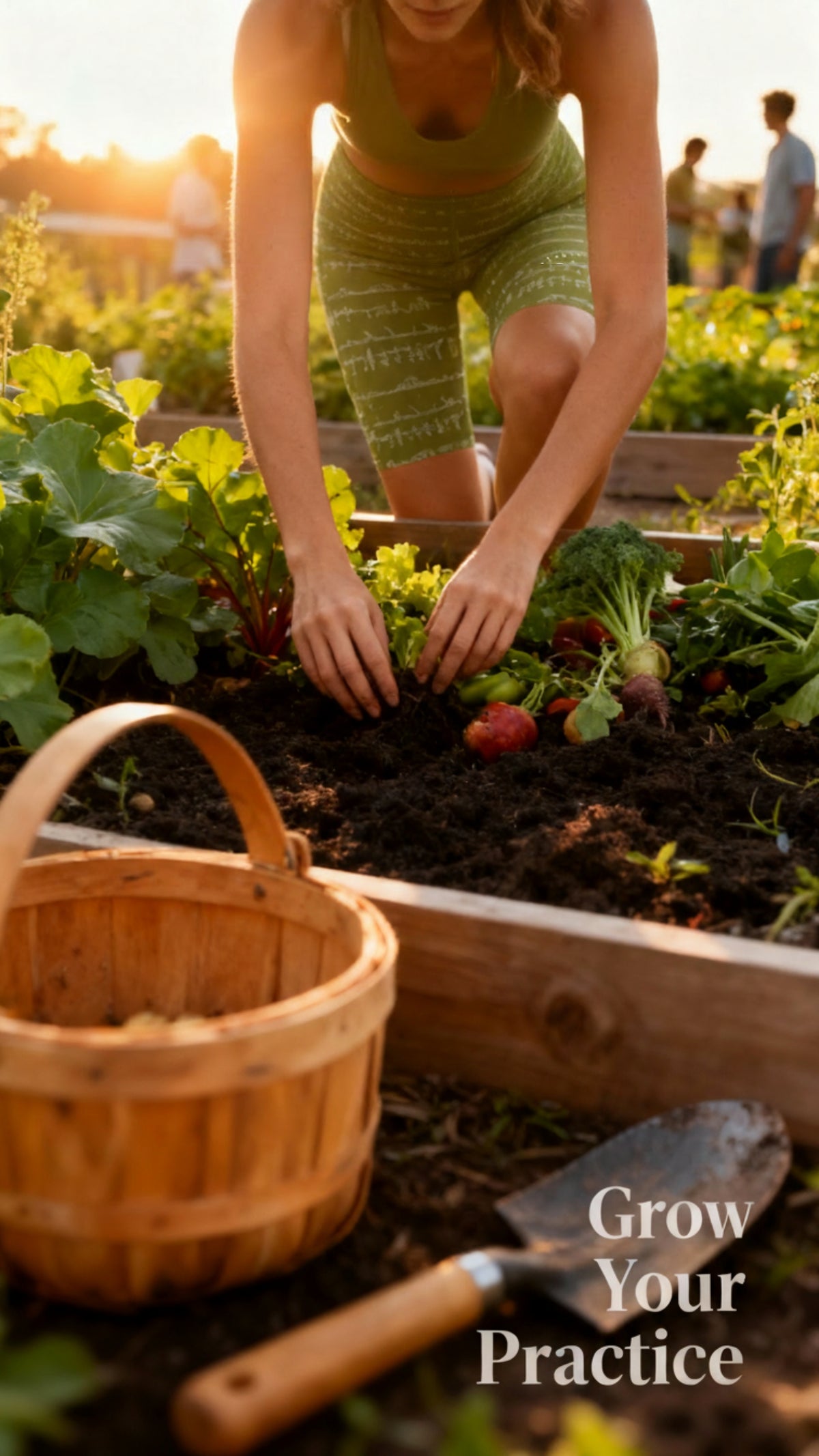 High-waisted green biker shorts with a subtle pattern, worn by a woman planting in a garden, surrounded by fresh vegetables.
