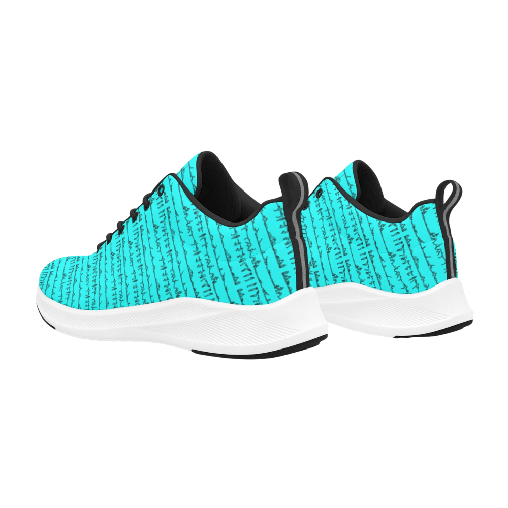 Bikram Series iSquared Men Runners in turquoise with a unique handwritten pattern, featuring a black sole and sleek design.