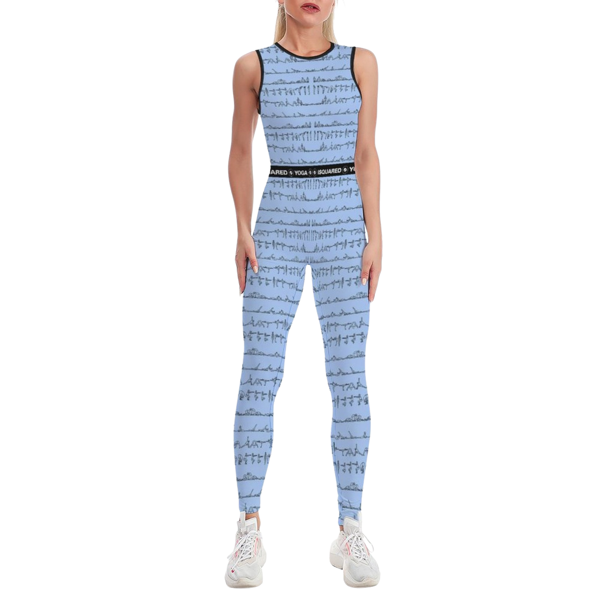 Bikram Pastel jumpsuit in serene blue with a sleek, sleeveless design and body-contouring fit, worn with sneakers.