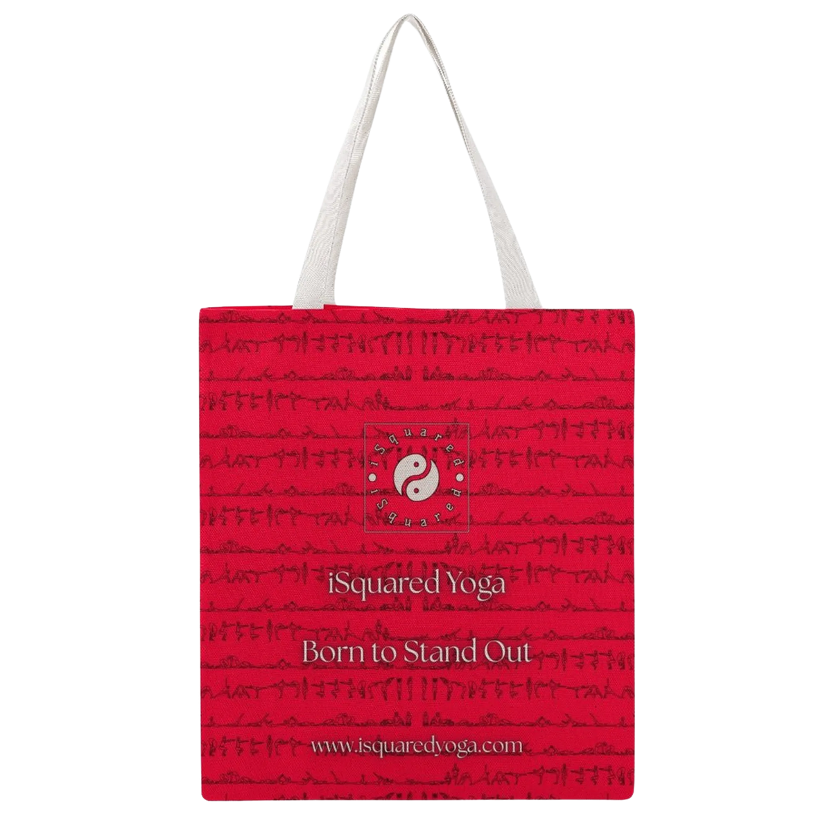 Red tote bag featuring a pattern of yoga postures, white reinforced shoulder straps, and iSquared Yoga branding.