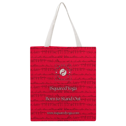 Red tote bag featuring a pattern of yoga postures, white reinforced shoulder straps, and iSquared Yoga branding.