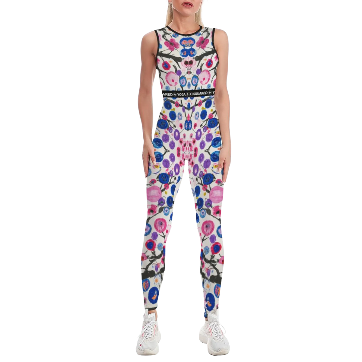 Sleeveless, body-contouring jumpsuit in a colorful floral pattern, featuring a fitted silhouette and moisture-wicking fabric.