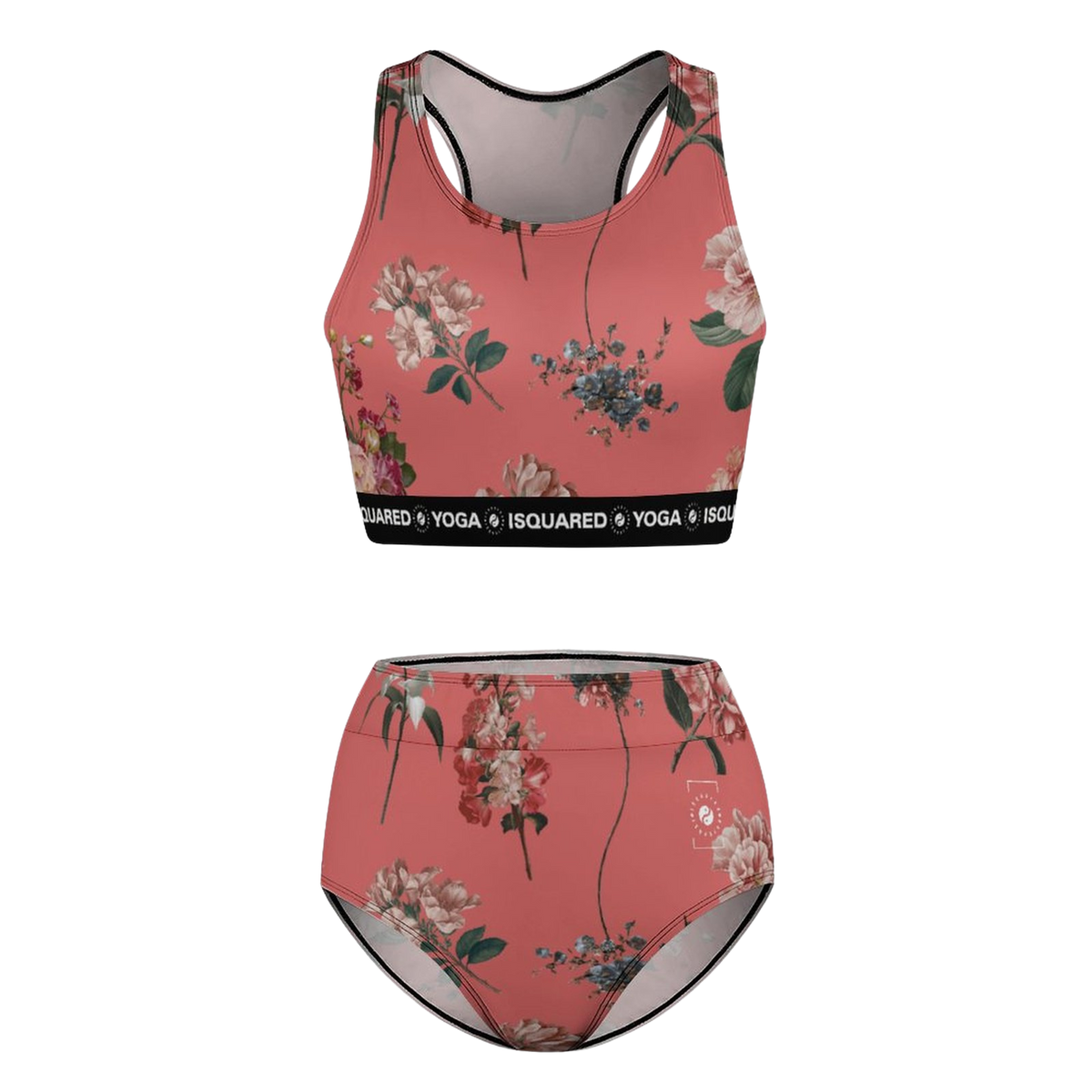 Floral-patterned hot yoga bikini set in vibrant coral featuring a scoop neck crop top and high-waisted bottoms.