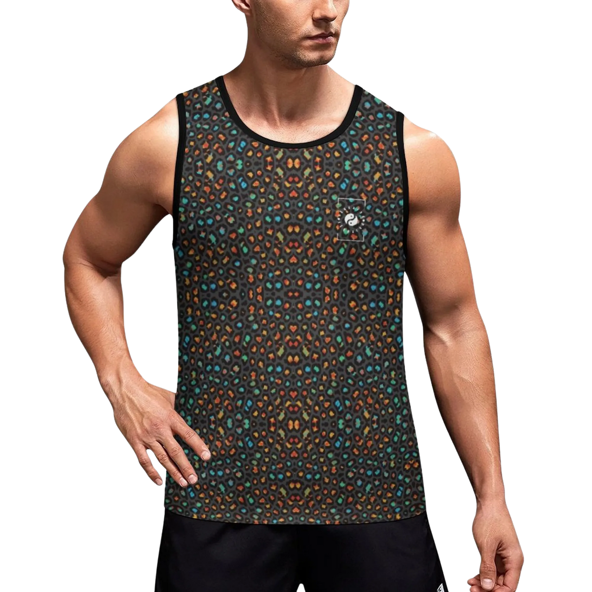 Sleeveless tank top featuring a vibrant leopard print with orange, blue, and gold accents, worn by a model.