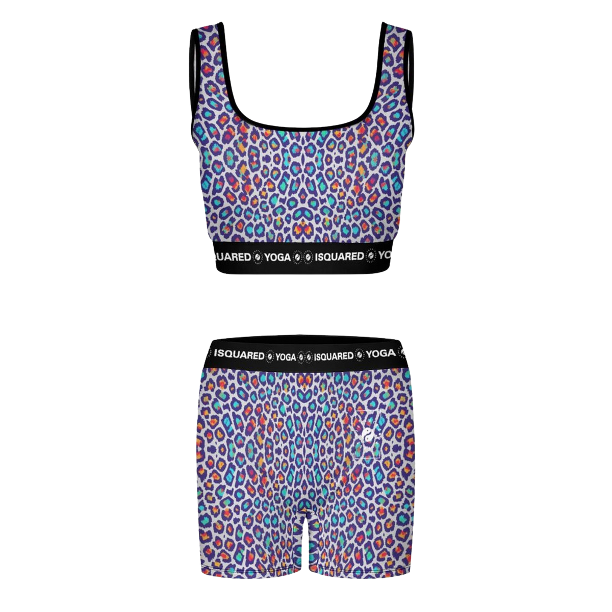 Vibrant iSquared Yoga Set featuring a multi-colored wild leopard print. Includes a cropped top and matching shorts.