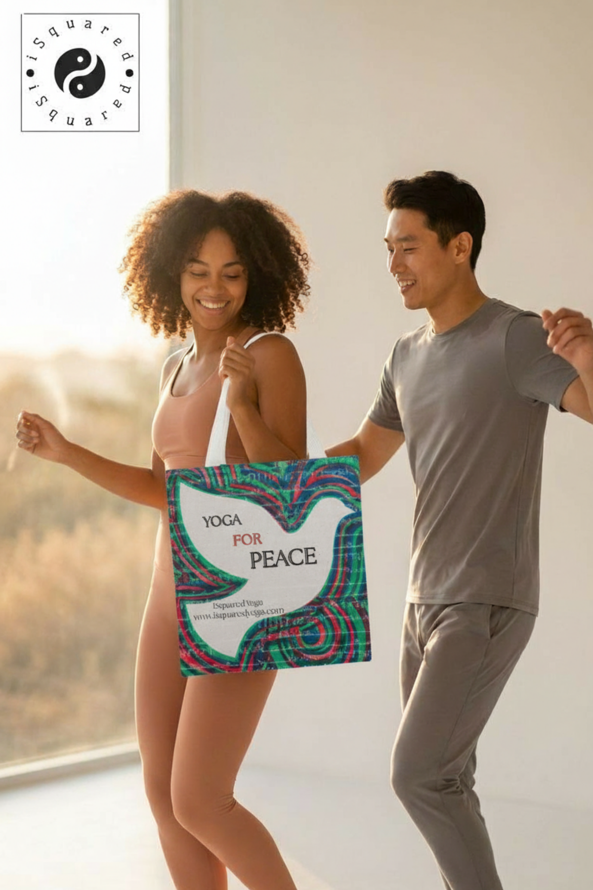 Yoga For Peace iSquared tote bag in 100% cotton canvas with double-sided peace print and shoulder straps
