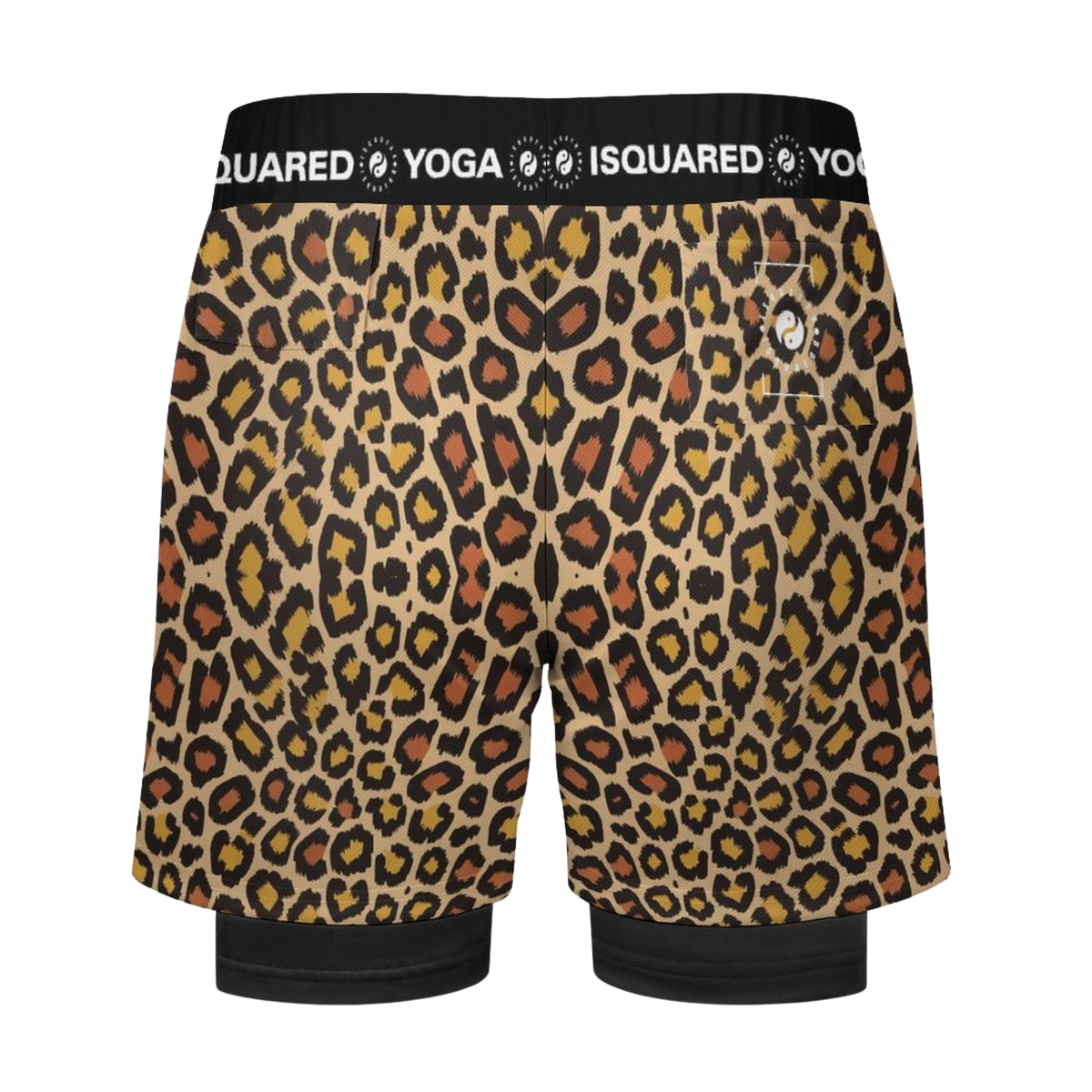 Compression yoga shorts in a bold leopard print featuring golden and black spots. Elastic waistband with brand logo.