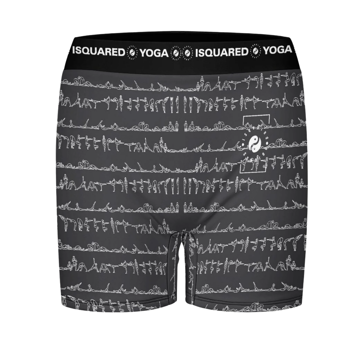 Bikram Ember iSquared Yoga Shorts in dark gray featuring white yoga pose patterns and an elastic waistband.