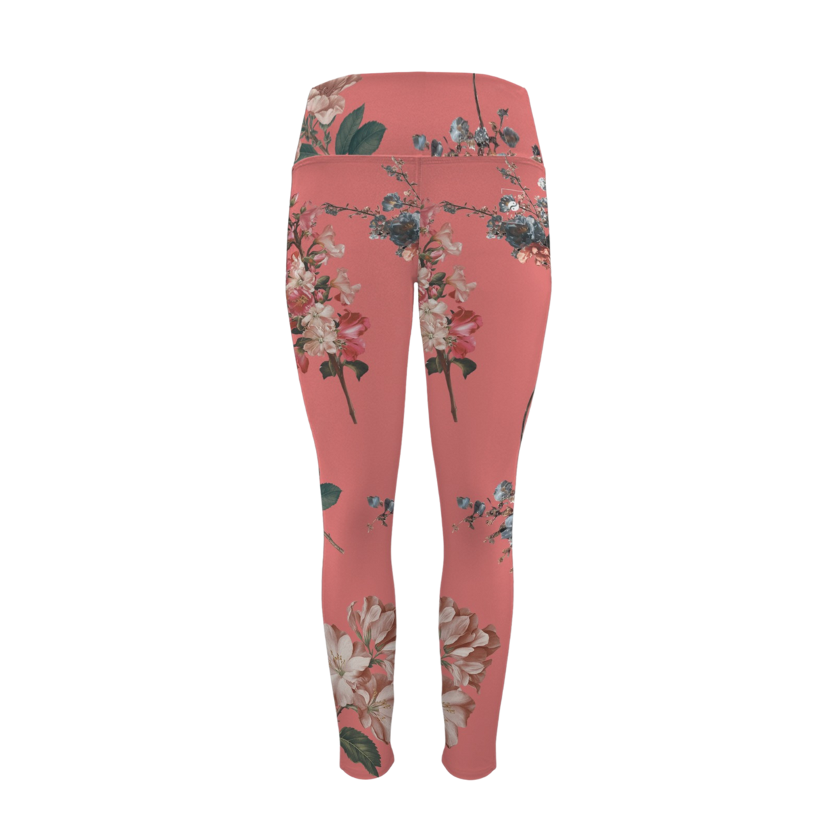 Botanicals iSquared Pocket Leggings in vibrant coral, featuring floral patterns and a high-rise waistband for a snug fit.