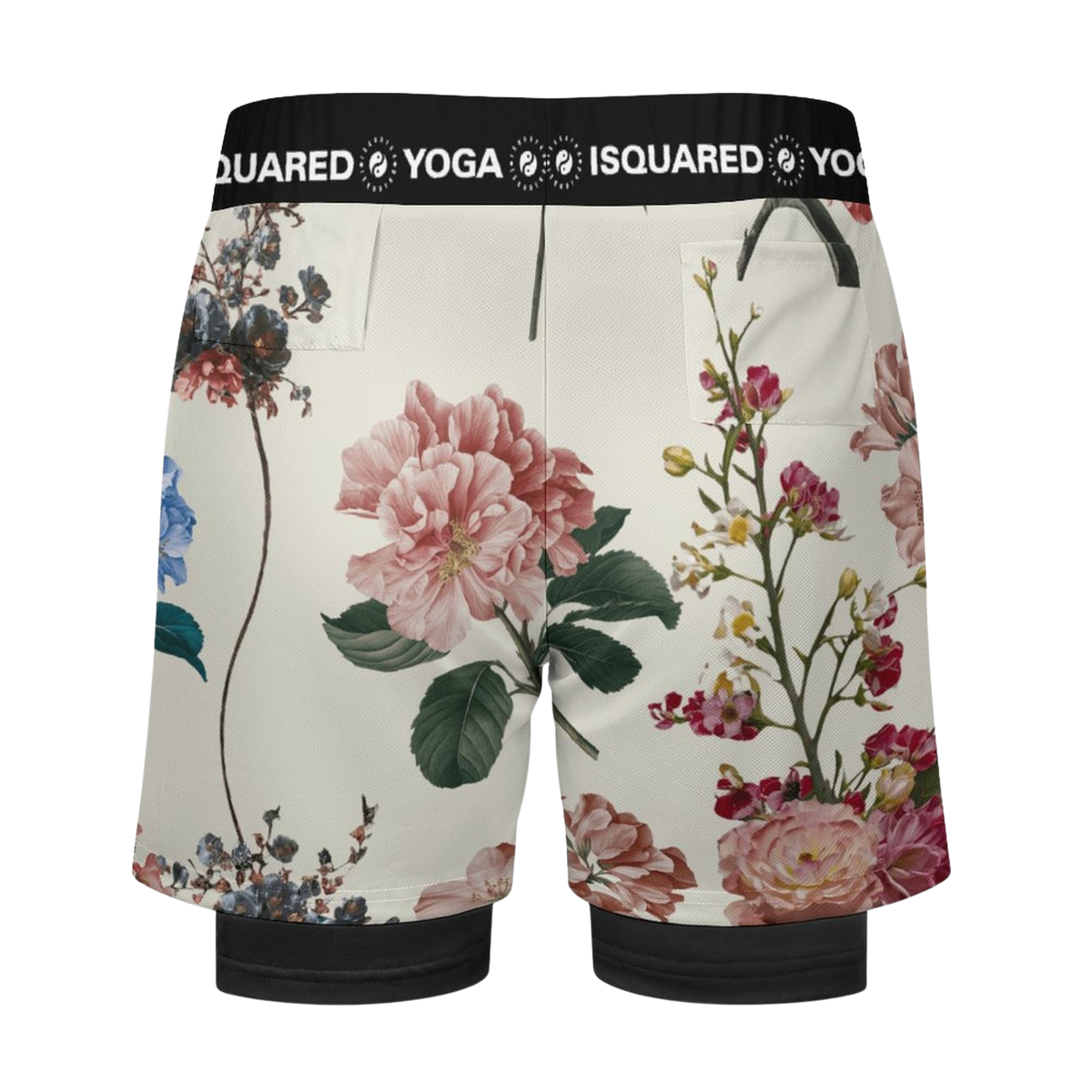 Compression yoga shorts featuring a floral pattern with pink, blue, and green hues against a light background. Black waistband with logo.