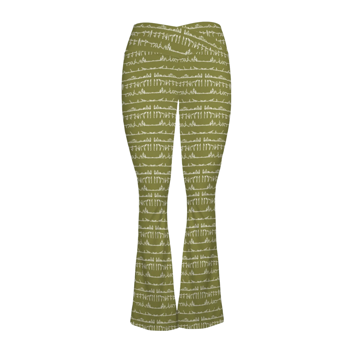 Flare leggings in olive green with white abstract design, featuring a crossover waistband and flattering fit.