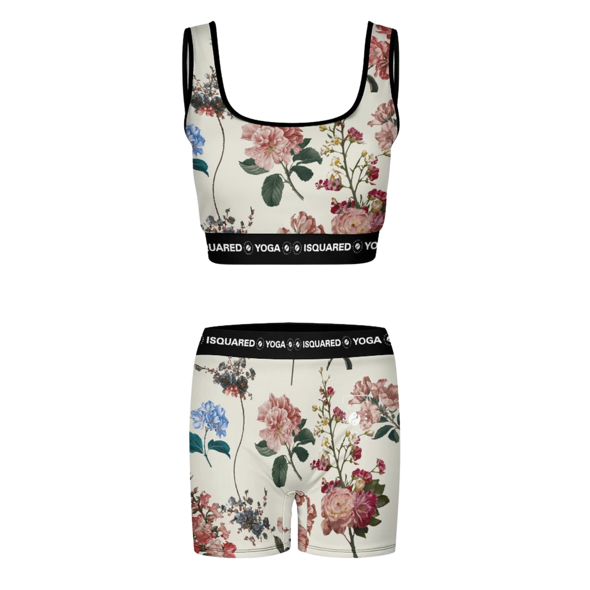 Floral pattern yoga set featuring a cropped top and fitted shorts in cream, with a black waistband and botanical prints.