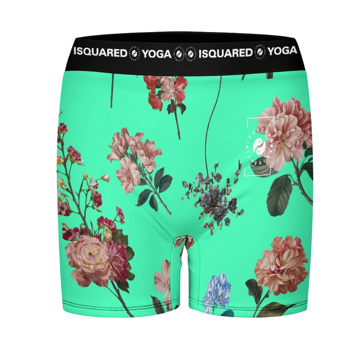 Vibrant turquoise iSquared Yoga Shorts featuring floral prints, a wide black waistband, and a comfortable unisex fit.