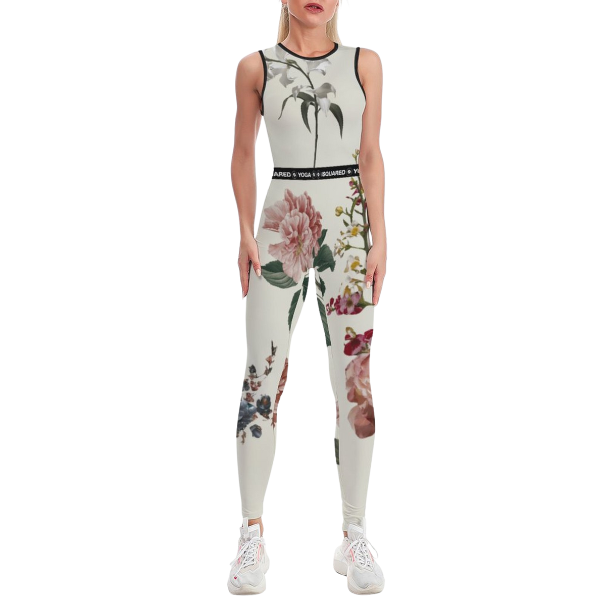 Sleeveless beige jumpsuit featuring vibrant floral prints, body-hugging fit, and a black logo waistband.