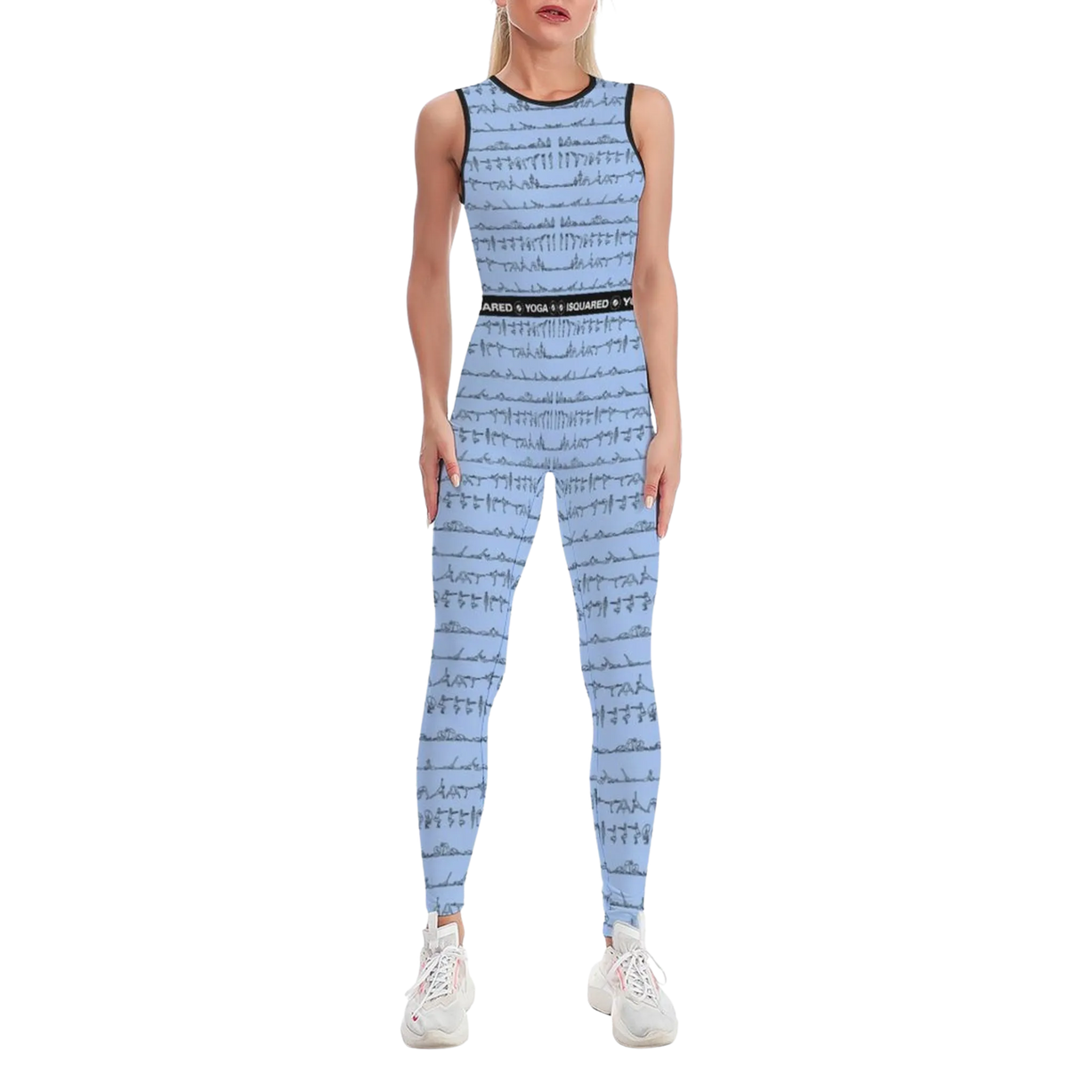 Sleeveless blue jumpsuit featuring a line pattern, body-hugging fit, and black waistband, worn with white sneakers.