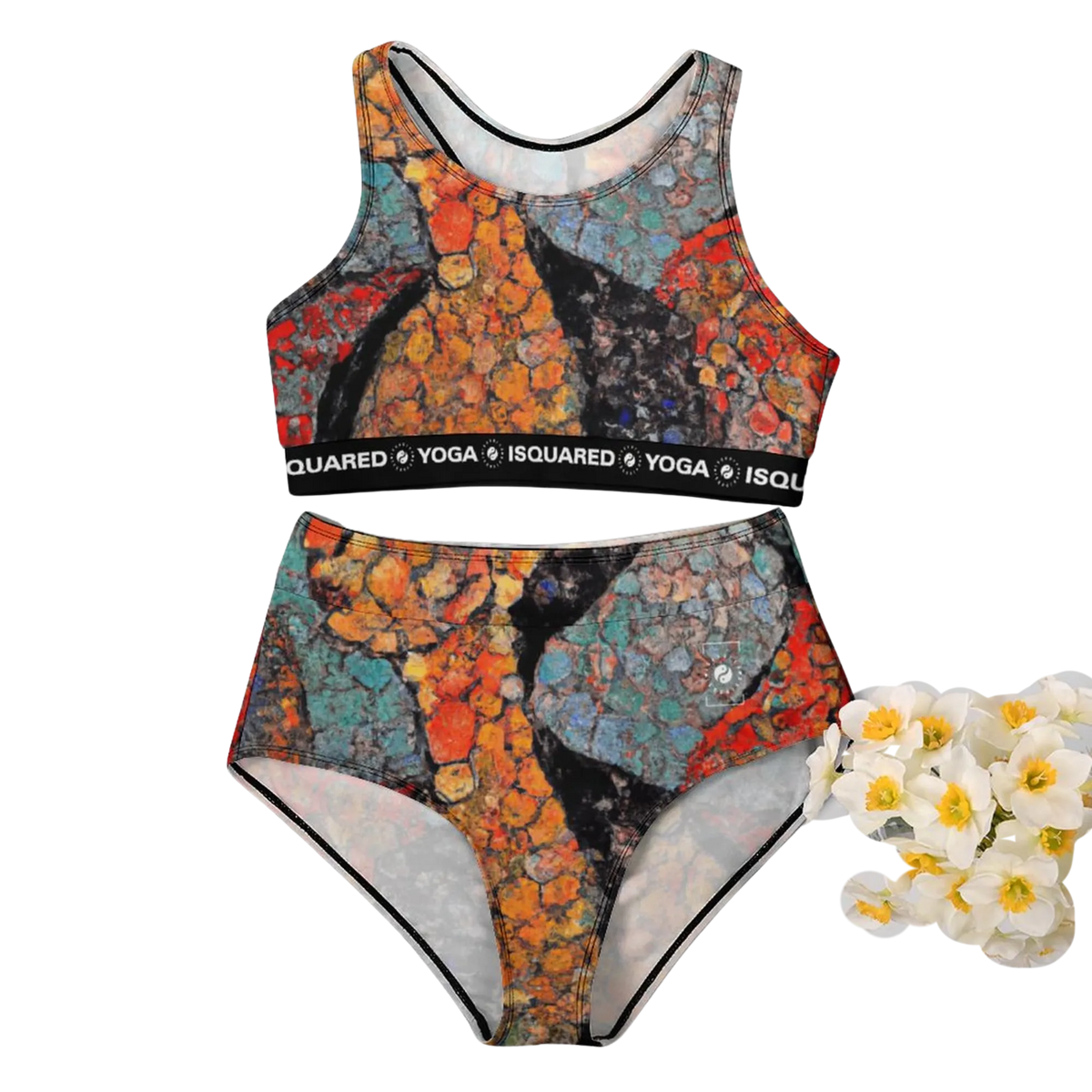 Hot Yoga Bikini Set featuring a vibrant, multicolored print with a sporty black band, ideal for active workouts.