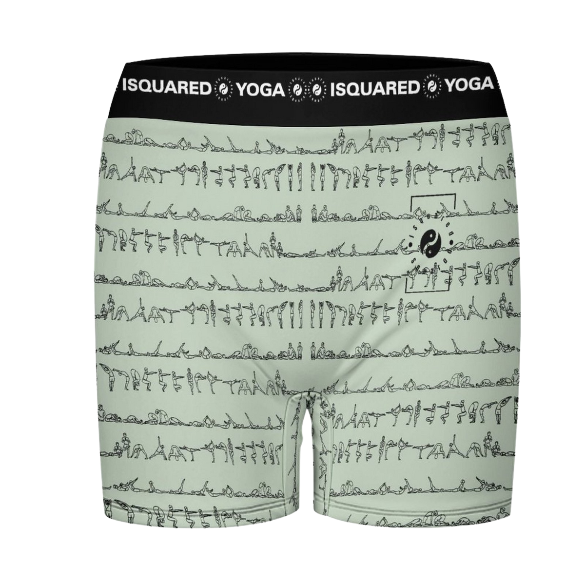 Pastel green yoga shorts with black waistband, featuring a pattern of yoga poses and an icon on the front.