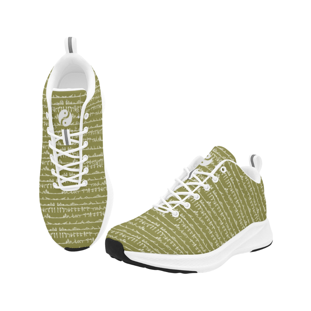 Bikram Ember iSquared Men Runners in olive green with a textured pattern and white sole, featuring breathable faux suede and reflective details.