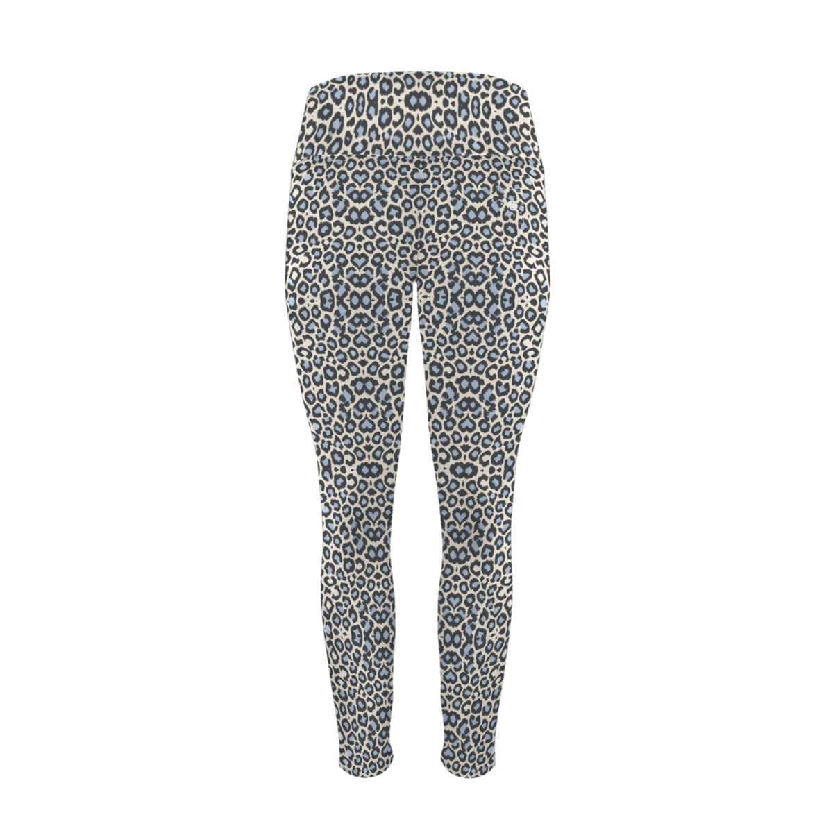 High-rise pocket leggings featuring a wild leopard print in navy blue spots on a light beige background.