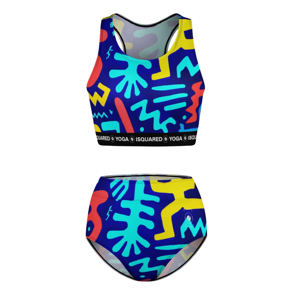 Colorful hot yoga bikini set featuring a racerback sports bra and high-waisted bikini bottoms with abstract patterns.