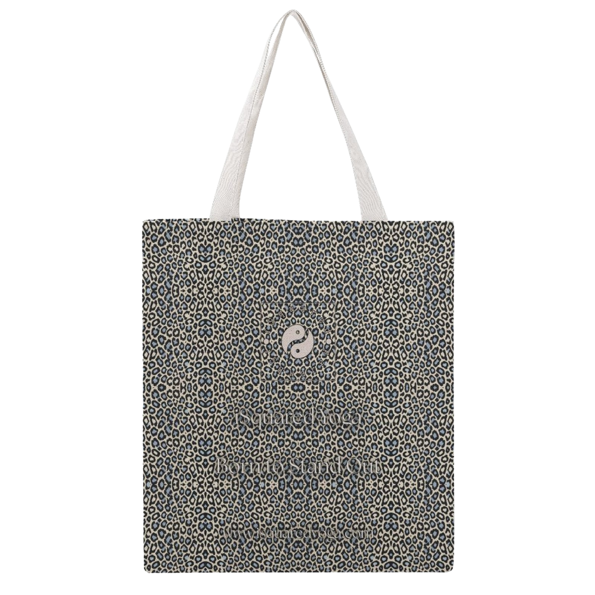 Tote bag featuring a classic leopard print design in beige and navy with soft white shoulder straps.