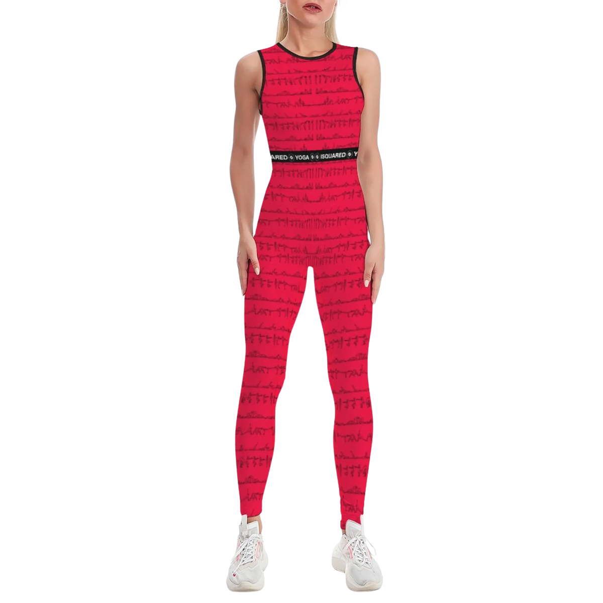 Sleeveless red jumpsuit featuring a unique Bikram print, designed for comfort and freedom of movement.