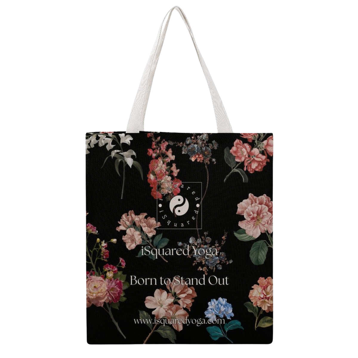 Black tote bag featuring vibrant floral prints in various colors, with white shoulder straps and a centered logo.