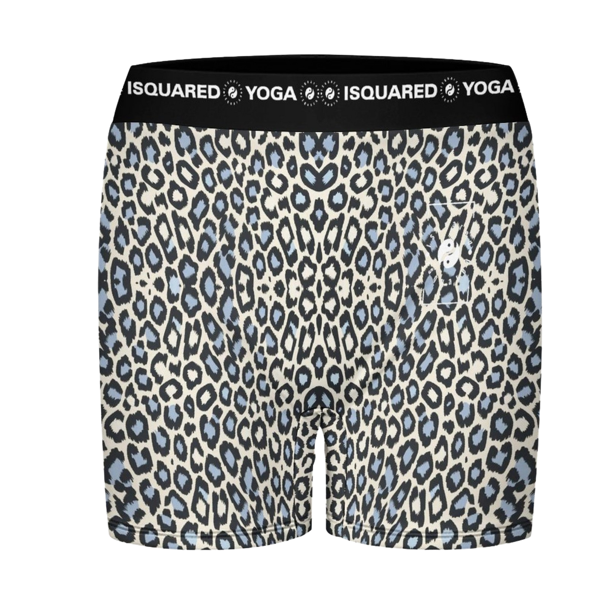 Wild Leopards iSquared Yoga Shorts featuring a light beige base with blue and black leopard spots, designed with a comfortable elastic waistband.