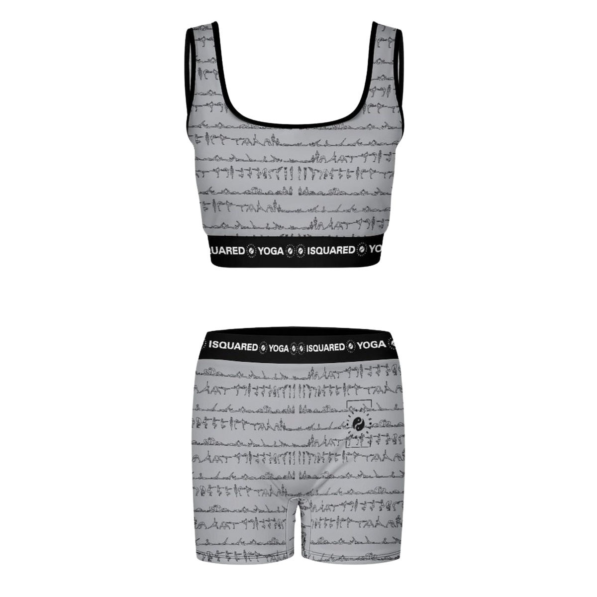 Bikram Pastel iSquared Yoga Set featuring a light grey crop top and matching shorts with yoga pose patterns.