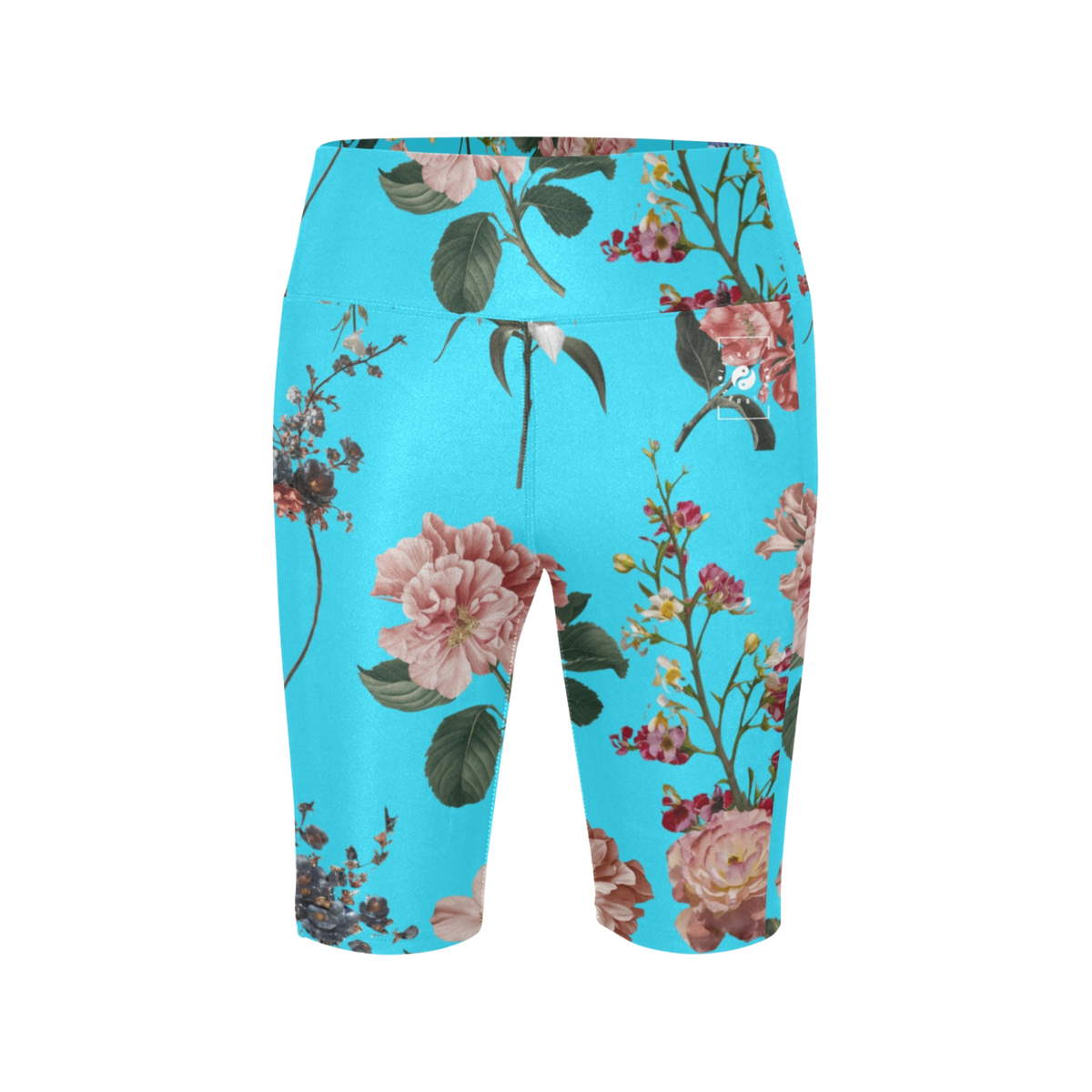 High-waisted biker shorts in refreshing turquoise with vibrant floral prints, perfect for workouts and yoga.