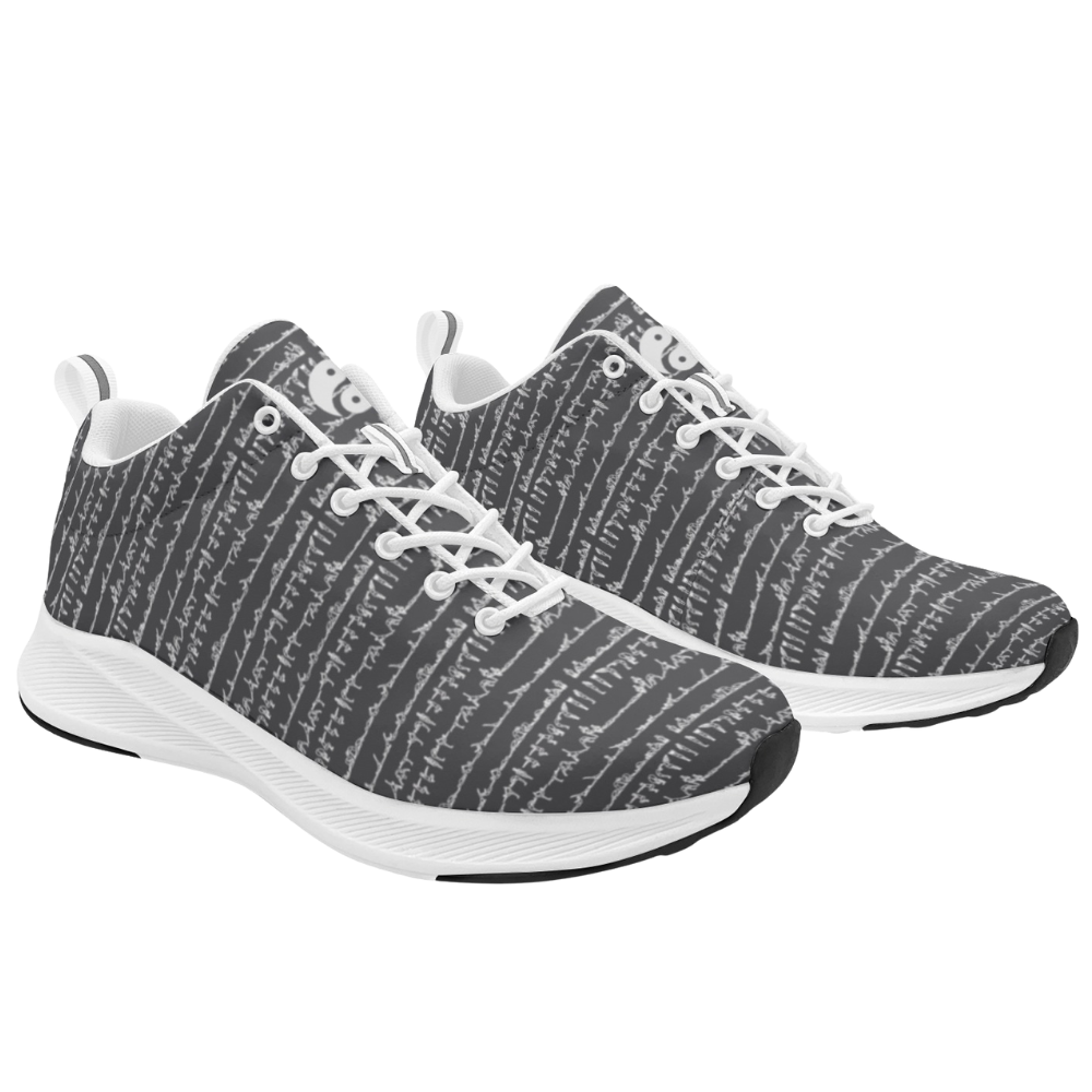 Bikram Ember iSquared Women Runners in gray with white scribble pattern, featuring a breathable faux suede upper and rubber outsole.