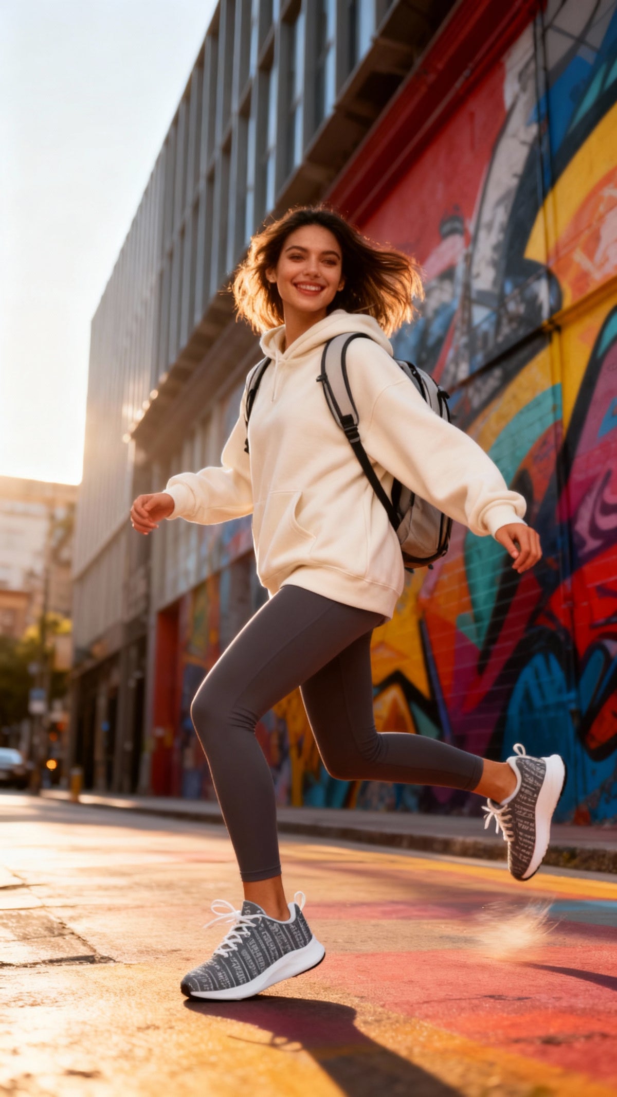 A woman wearing a white hoodie and dark leggings jogs in grey iSquared Runners, set against a colorful urban mural.