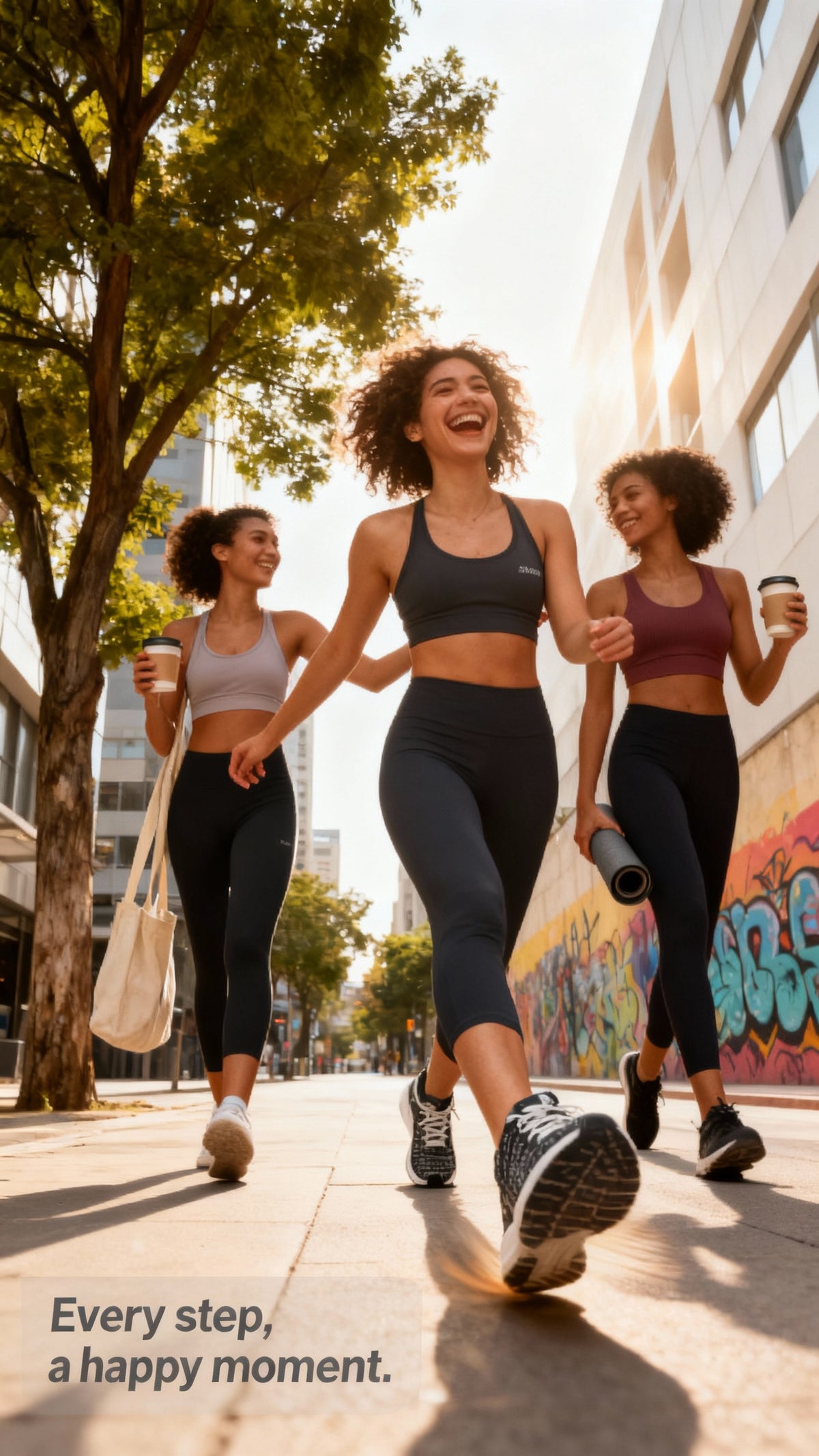 Three women walk together on a sunny street, wearing yoga crop tops and high-waisted leggings. One carries a yoga mat; another has a coffee. All wear Bikram Ember iSquared Runners.